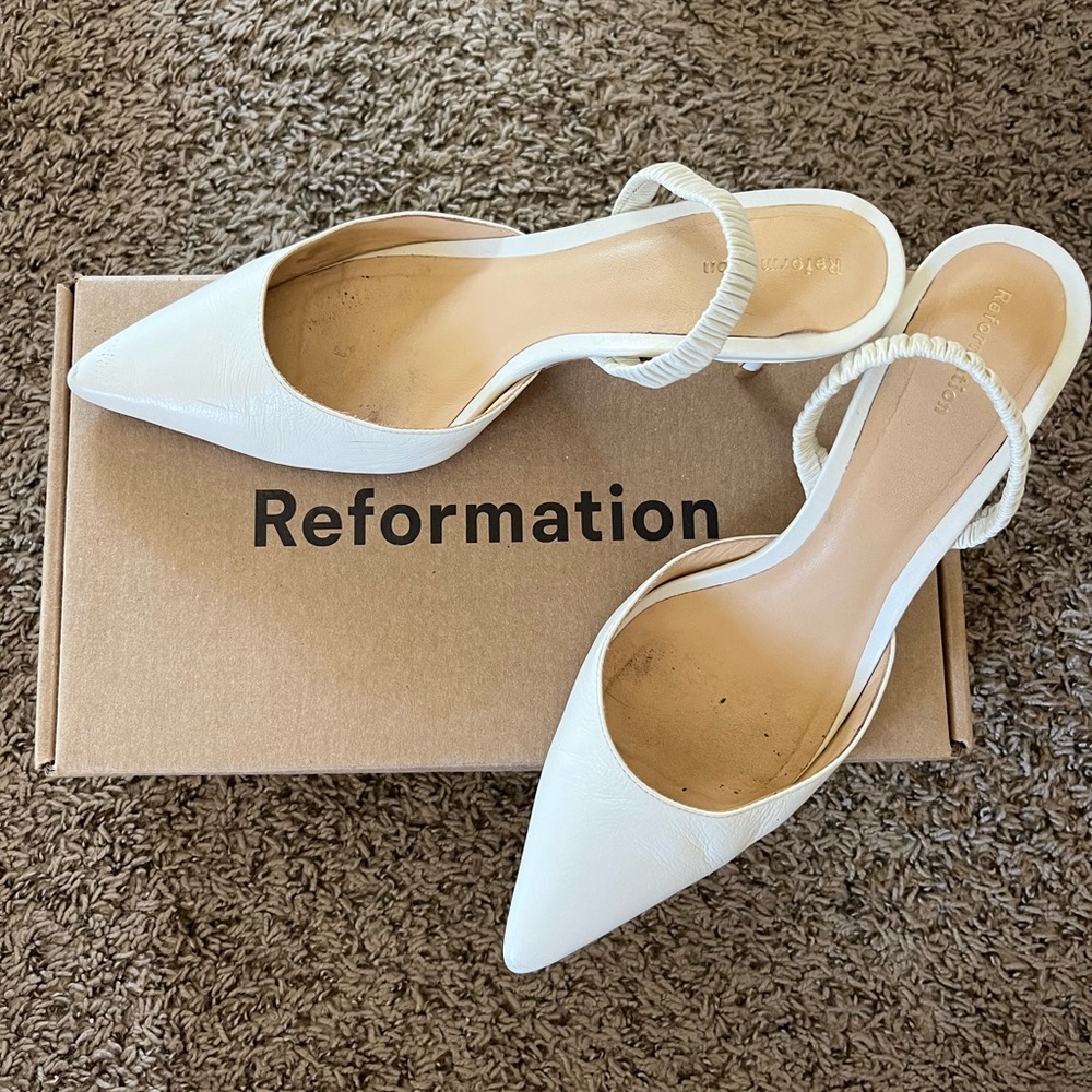 Reformation White Waverley Ruched Pumps